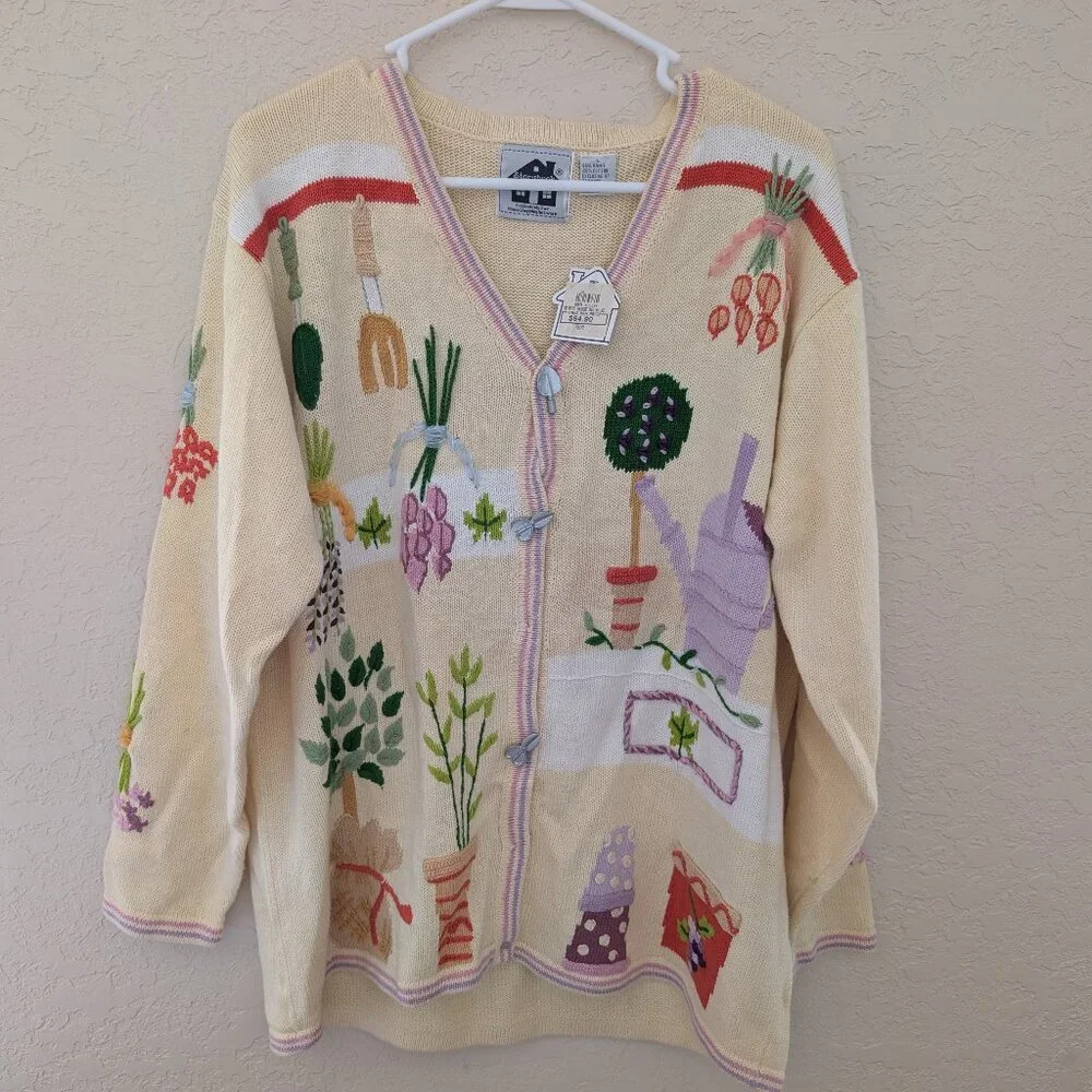 Vintage Story Book Knits Garden Spring Butter Yellow Cardigan Size L NWT - Picture 1 of 9